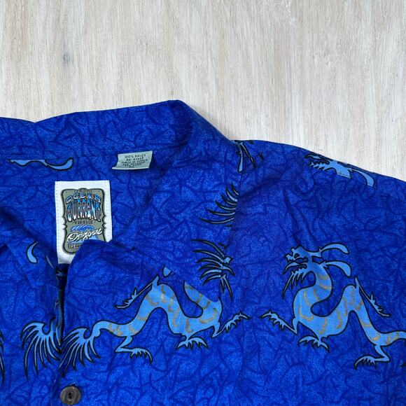 Ocean Current Dragon Blue Rayon Made in Korea Chinese Symbol Print Shirt XL - Picture 3 of 13